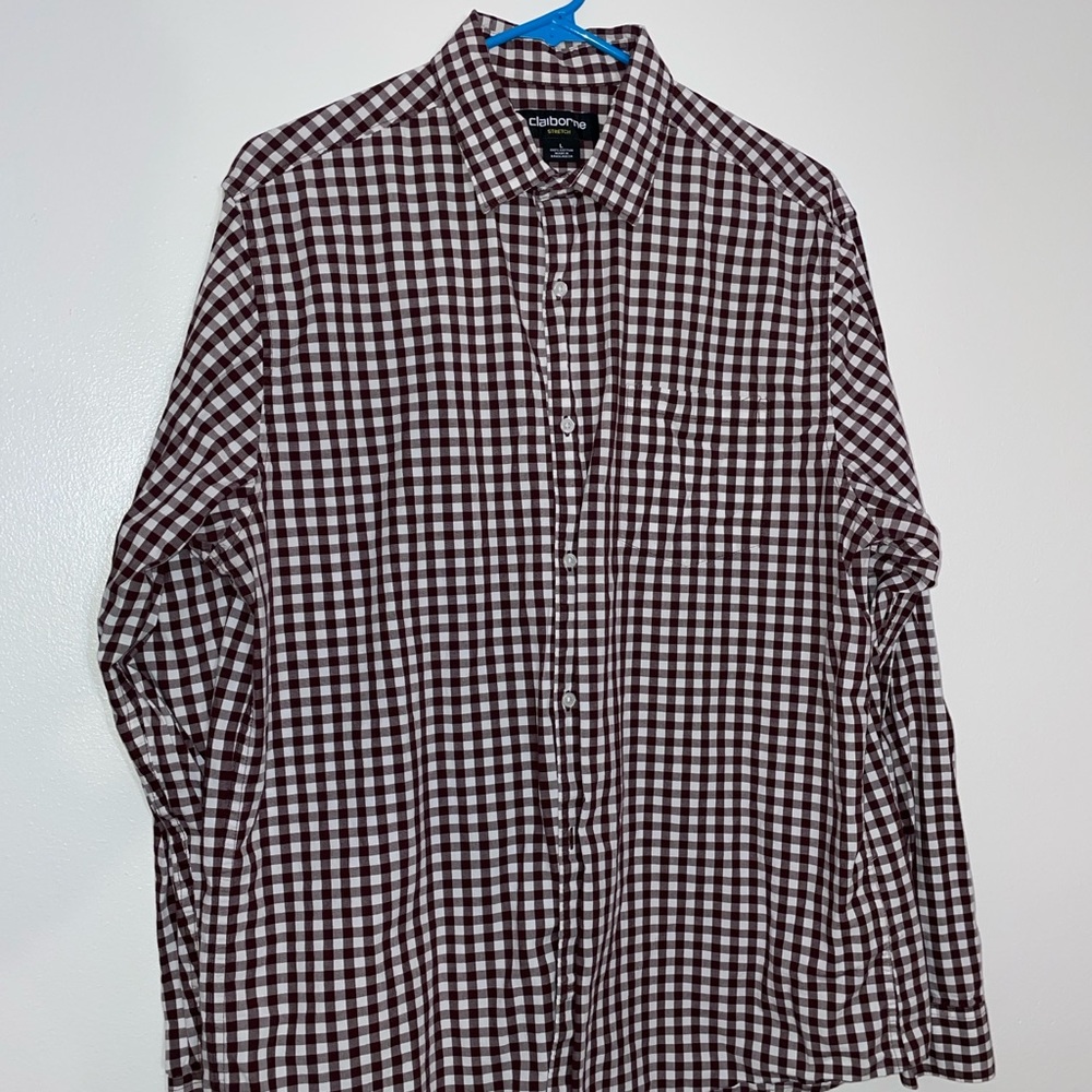 Claiborne burgundy and white checked shirt, large, 16-16.5 inch neck.